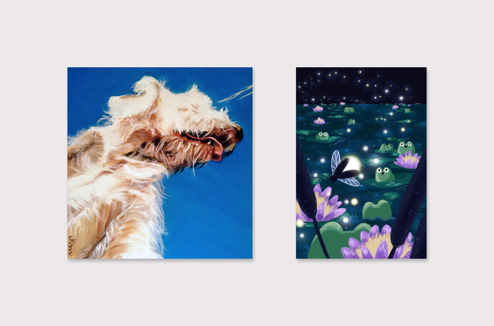 Acrylic painting of a dog and digital illustration of frogs and fireflies